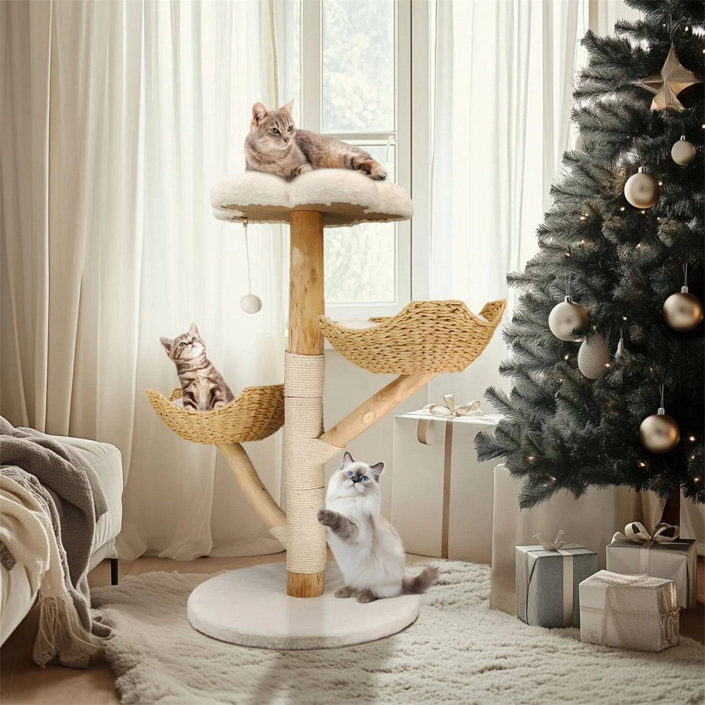 Arbre à chat en bois massif 110 cm – avec griffoir et centre de jeux