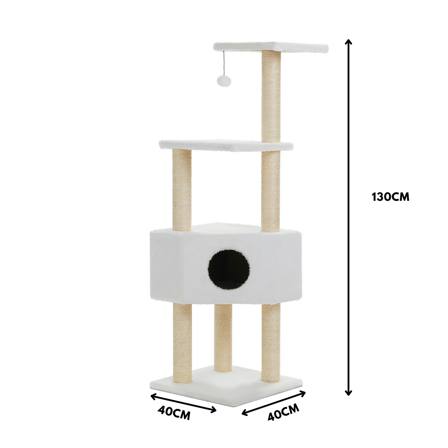 Arbre à chat beige 130 cm – 4 niveaux, cordes et pompons