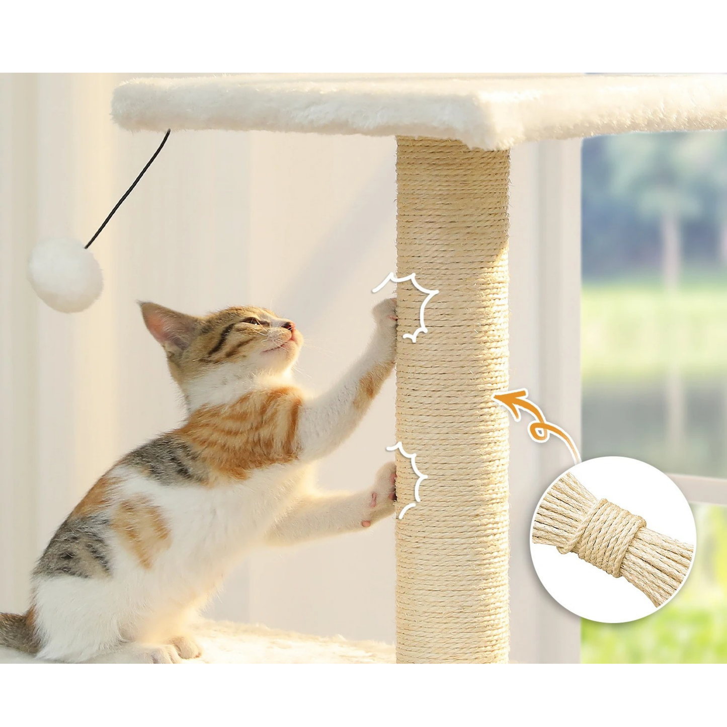 Arbre à chat beige 130 cm – 4 niveaux, cordes et pompons
