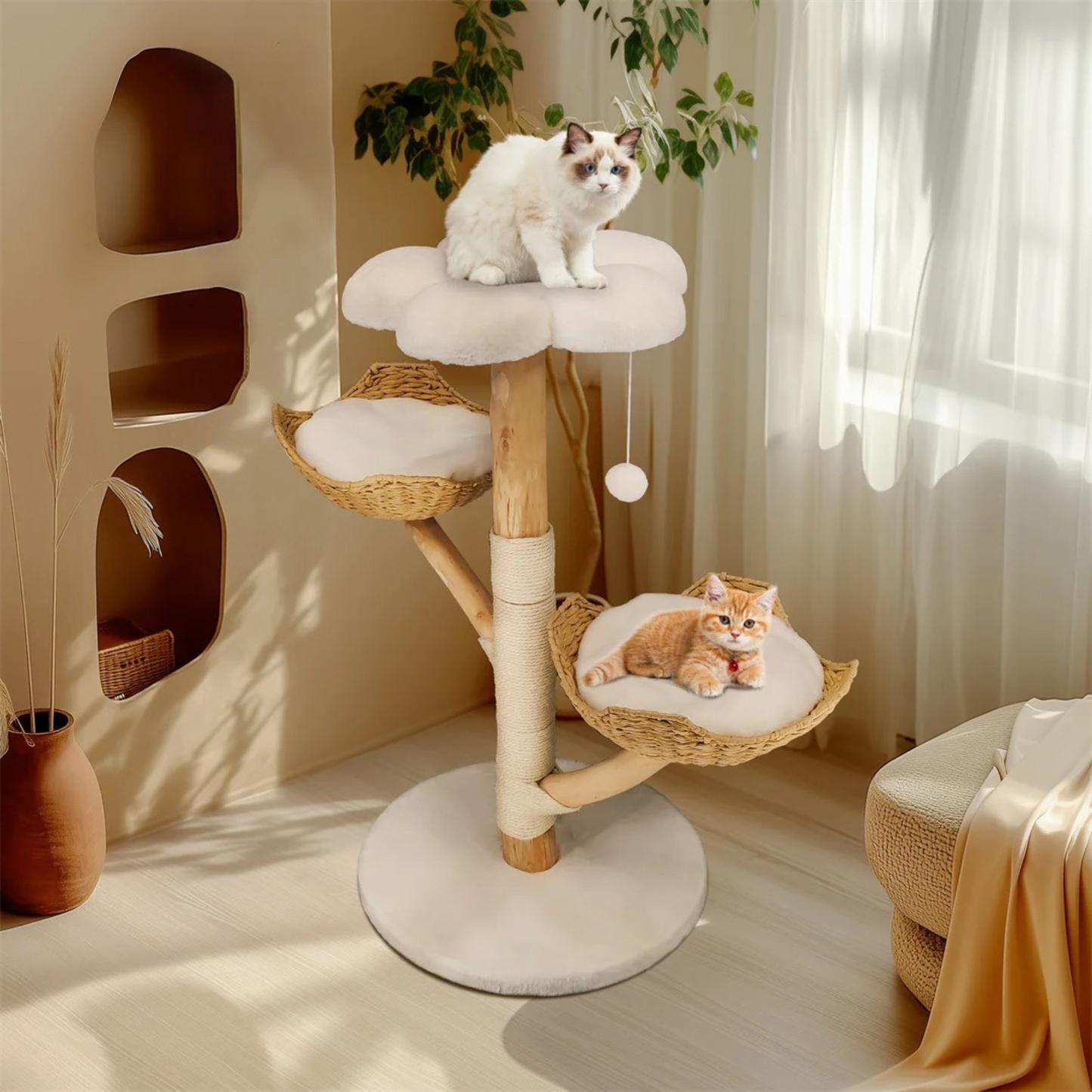 Arbre à chat en bois massif 110 cm – avec griffoir et centre de jeux