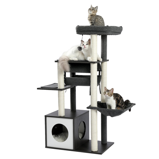 Arbre à chat en bois – plusieurs niveaux avec tunnel, hamac et griffoir