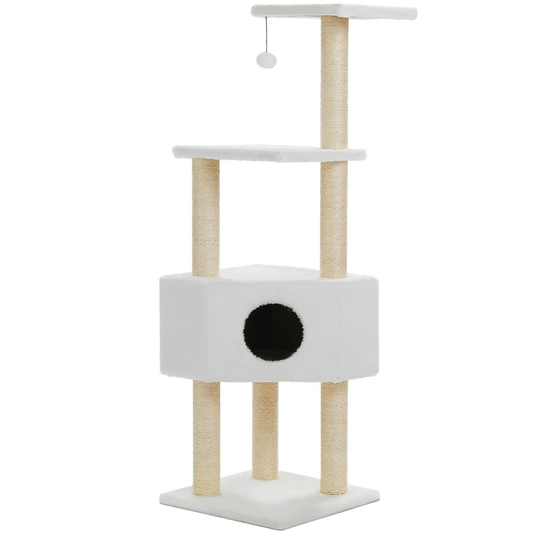 Arbre à chat beige 130 cm – 4 niveaux, cordes et pompons