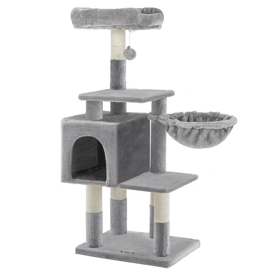 Arbre à chat gris clair – 110 cm avec niche et plateformes