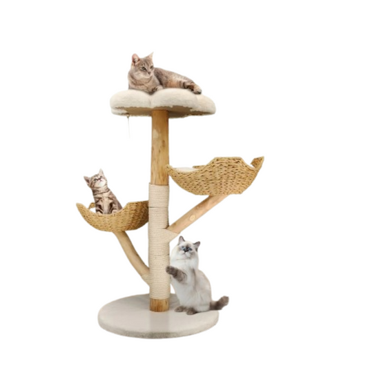 Arbre à chat en bois massif 110 cm – avec griffoir et centre de jeux